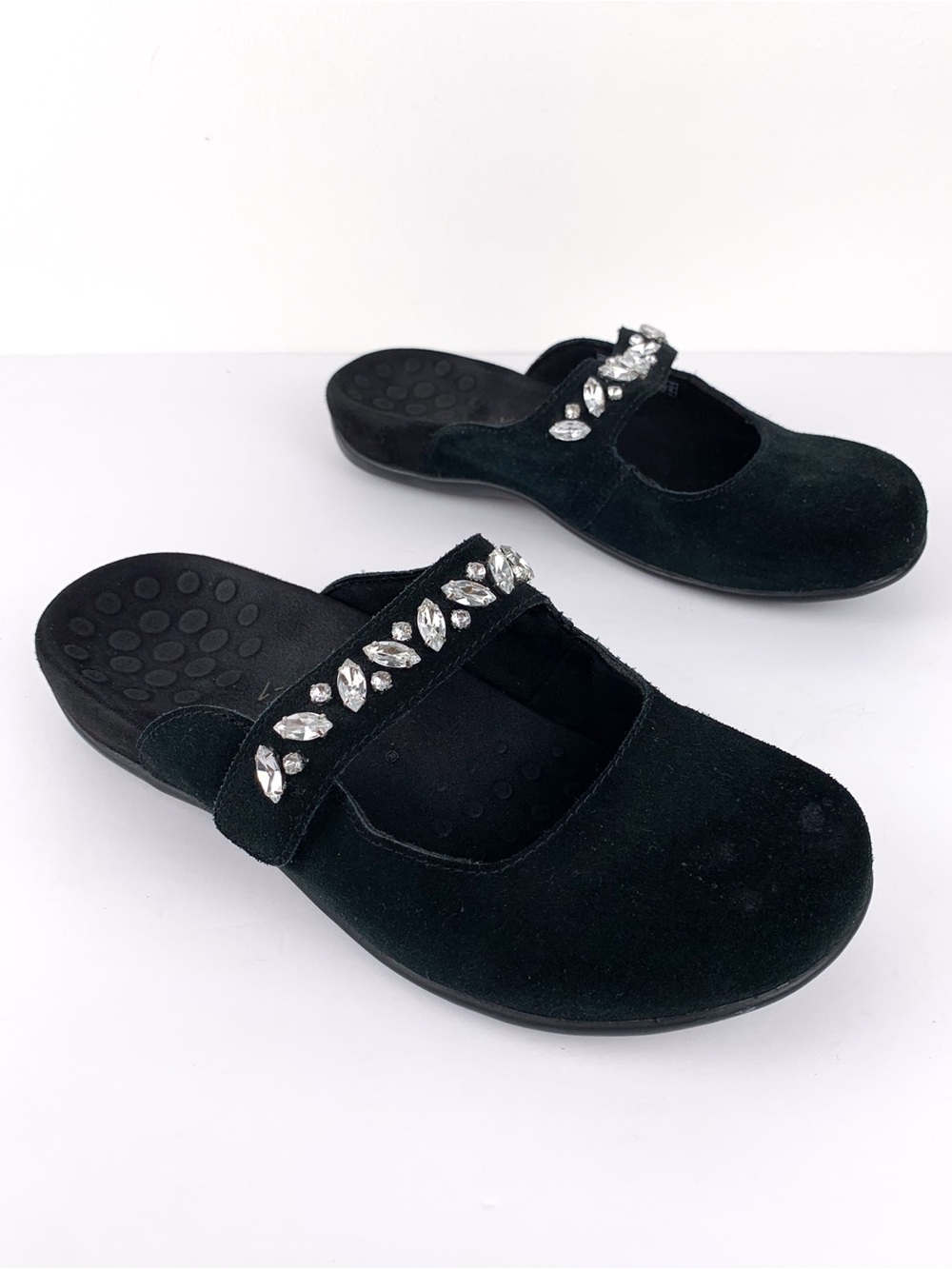 Vionic Jenelle black suede Mary Jane mules with crystal-embellished strap size 8